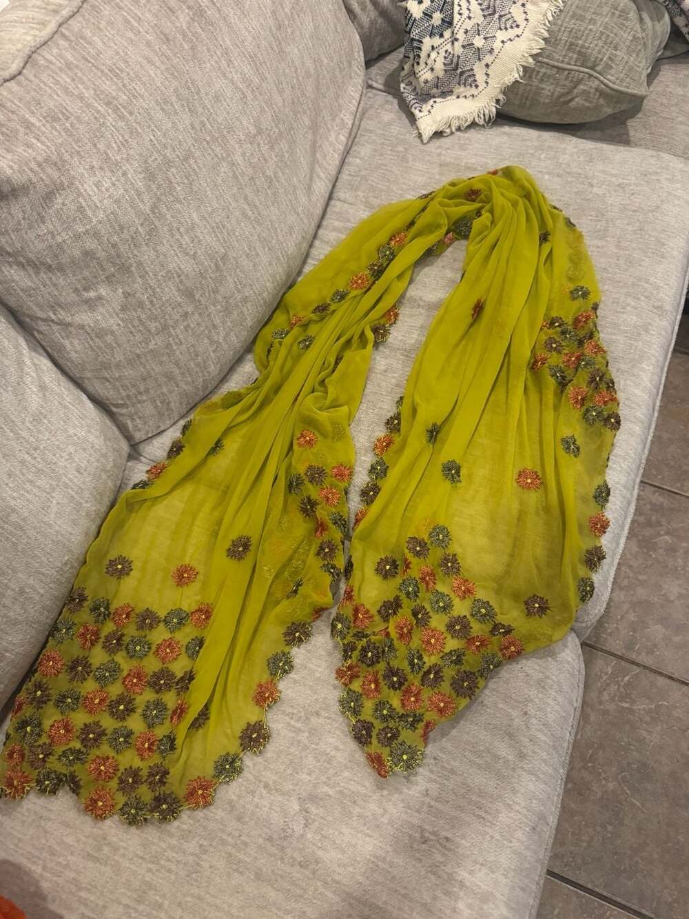 Handmade Olive Green Chiffon Scarf With Floral Oya Crochet Lace
